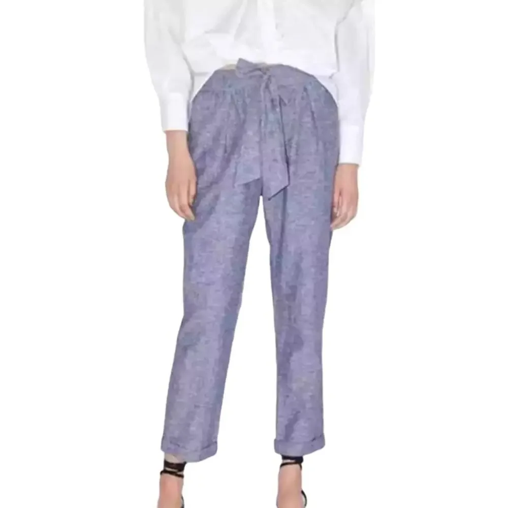 Zara Womens XS‎  Linen crop elastic waist pants Blue Chambray Pull On